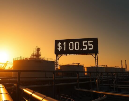 Brent crude oil price display showing $100.50 per barrel at an oil storage facility, representing the surge due to war risks.