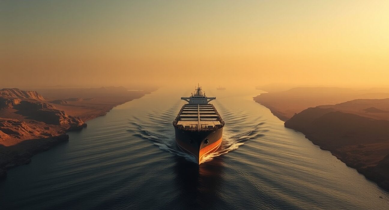 Oil tanker navigating the narrow Bab al-Mandab strait with rocky coastline and naval vessel in background