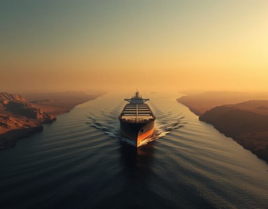 Oil tanker navigating the narrow Bab al-Mandab strait with rocky coastline and naval vessel in background