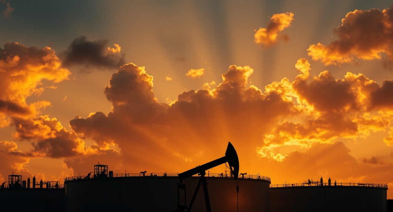 Oil pumpjack silhouetted against a sunset sky with storage tanks in the background, representing Brent crude market conditions.