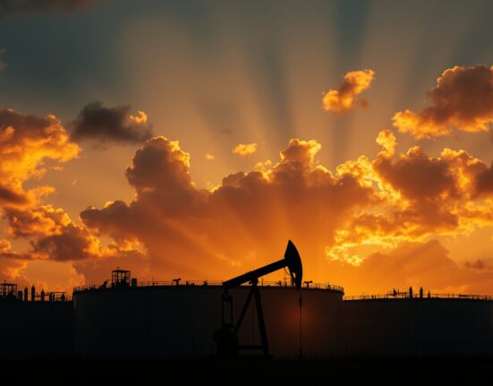 Oil pumpjack silhouetted against a sunset sky with storage tanks in the background, representing Brent crude market conditions.