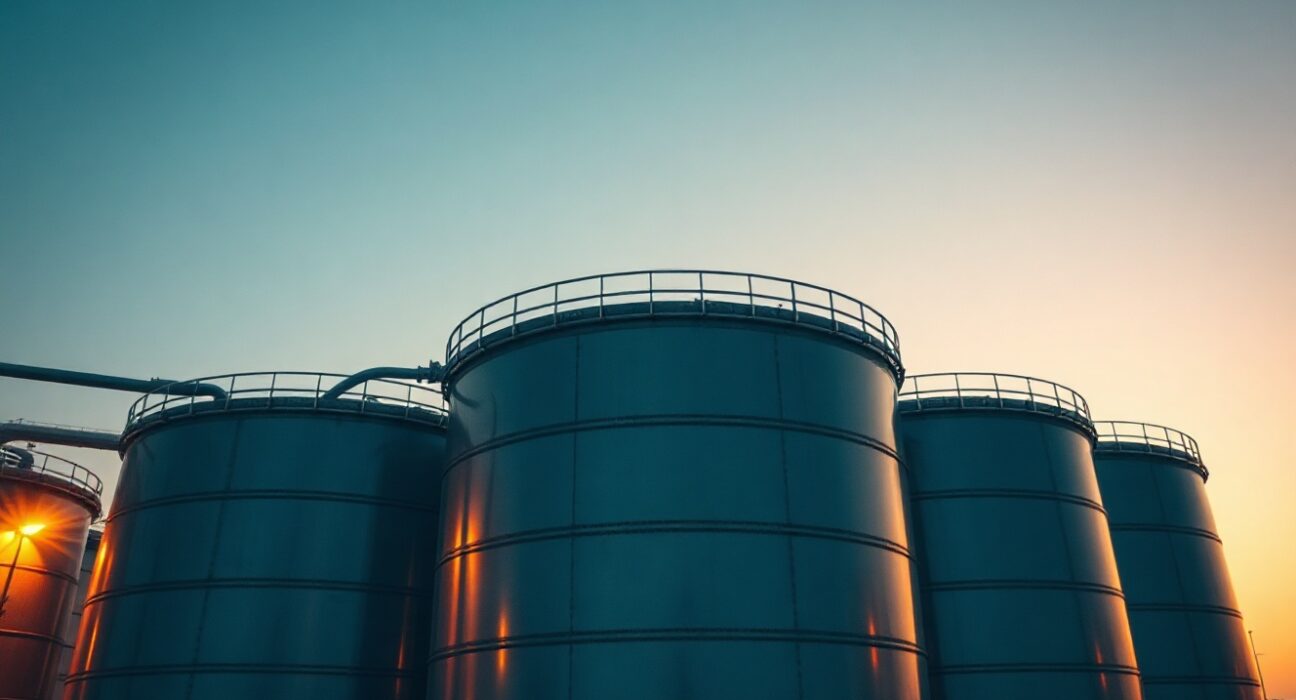 Brent crude oil storage tanks at twilight under a calm sky, representing market stability.
