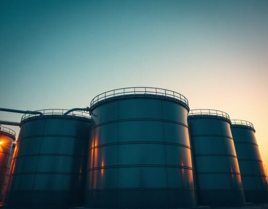 Brent crude oil storage tanks at twilight under a calm sky, representing market stability.