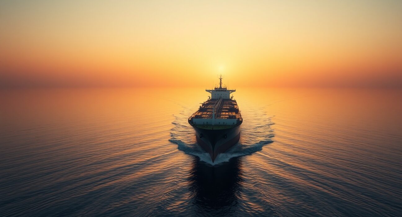 Oil tanker sailing through the Strait of Hormuz at sunrise, illustrating geopolitical risk to crude supply.
