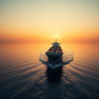 Oil tanker sailing through the Strait of Hormuz at sunrise, illustrating geopolitical risk to crude supply.