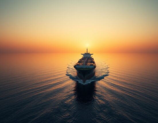Oil tanker sailing through the Strait of Hormuz at sunrise, illustrating geopolitical risk to crude supply.