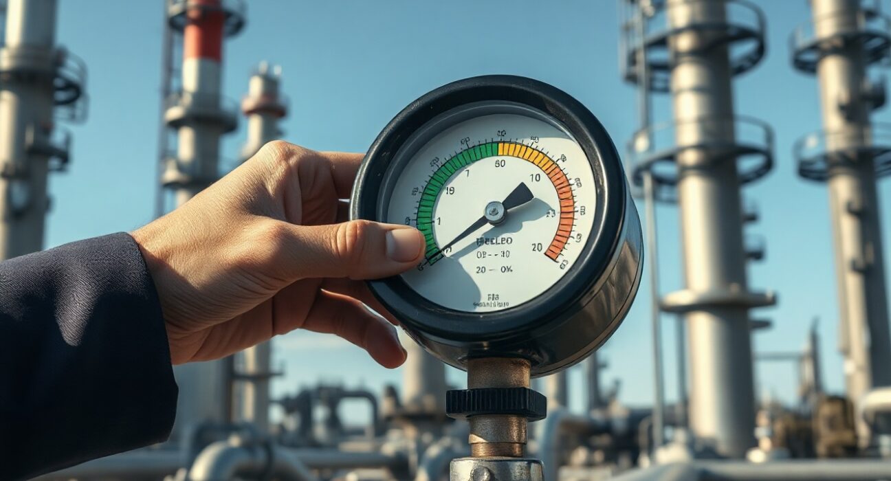 Hand adjusting pressure gauge on oil pipeline in refinery, indicating stable conditions