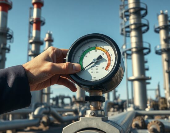 Hand adjusting pressure gauge on oil pipeline in refinery, indicating stable conditions