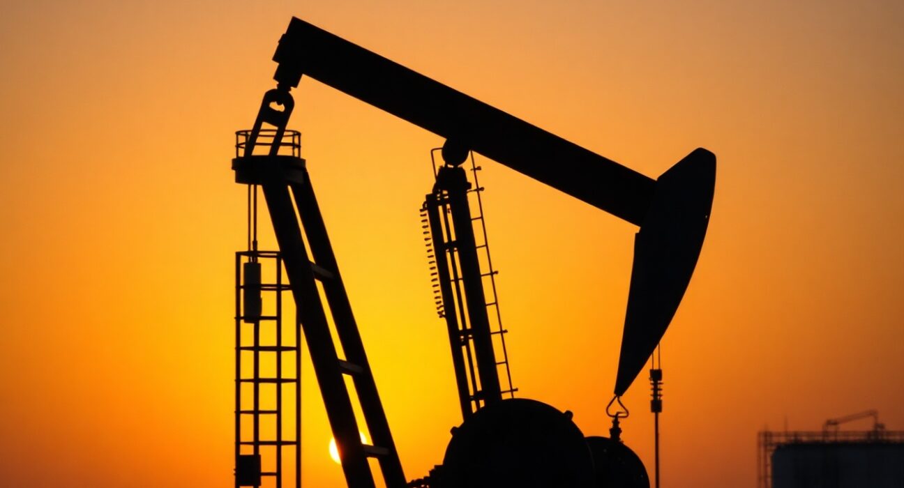 Oil pumpjack silhouette at sunset representing Brent crude market reaction to geopolitical ceasefire news