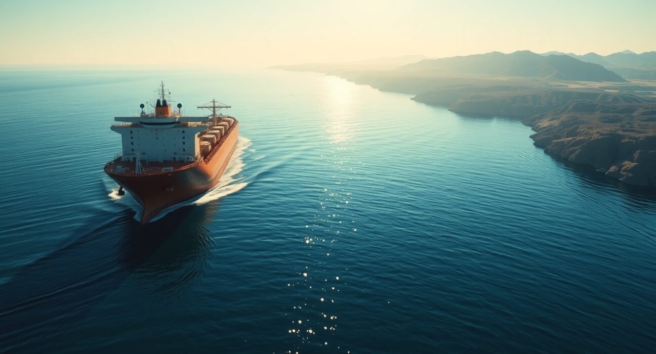 Oil tanker navigating the Strait of Hormuz at dawn, representing Brent crude oil supply risks and geopolitical tensions driving prices near USD100.