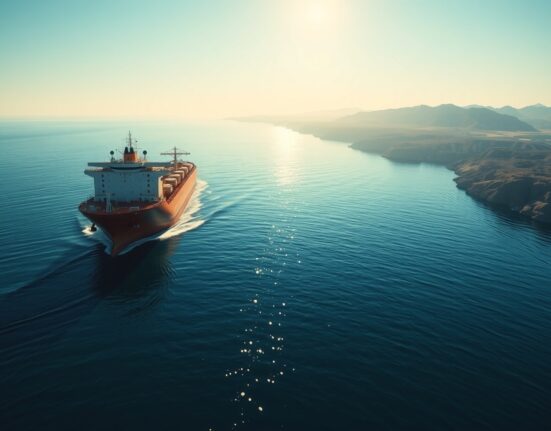 Oil tanker navigating the Strait of Hormuz at dawn, representing Brent crude oil supply risks and geopolitical tensions driving prices near USD100.