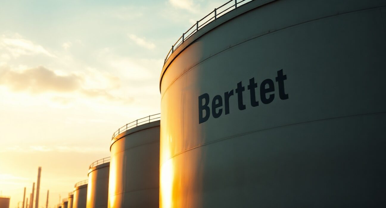 Brent crude oil storage tanks at sunset reflecting market tension over Iran ceasefire uncertainty
