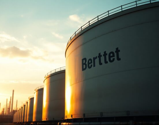 Brent crude oil storage tanks at sunset reflecting market tension over Iran ceasefire uncertainty
