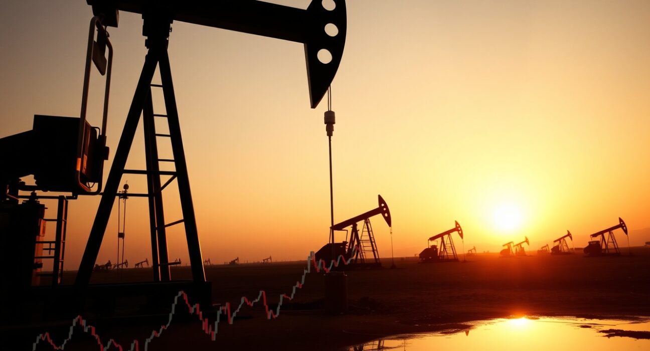 Oil pumpjack in field with Brent crude price chart reflection at sunset