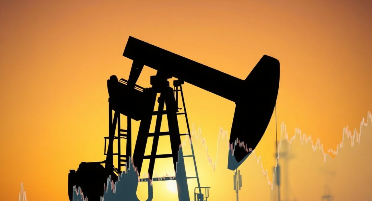 Oil pump jack at sunset, symbolizing Brent crude price movements.