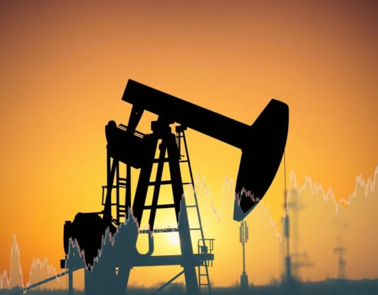 Oil pump jack at sunset, symbolizing Brent crude price movements.