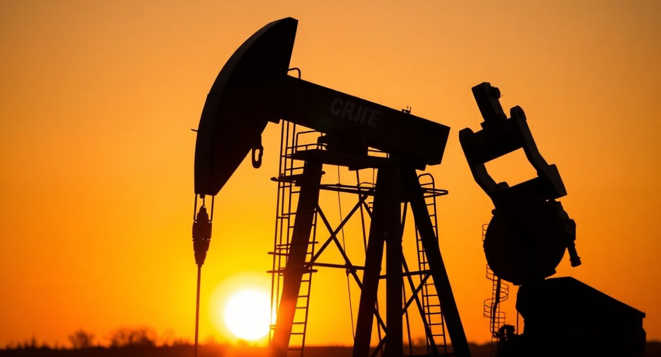 Oil pumpjack silhouetted against a sunset, symbolizing oil market shifts amid US-Iran peace deal optimism.