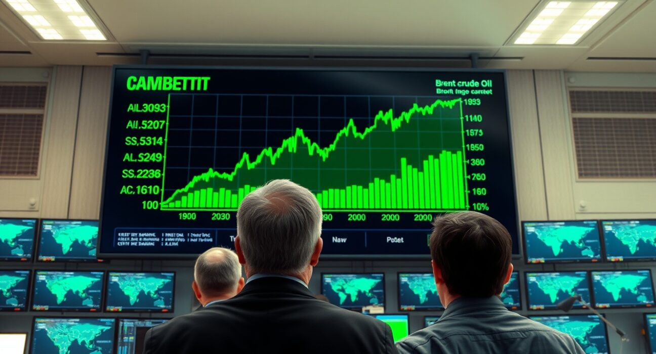 Brent oil price surge on trading floor display amid geopolitical tension analysis.