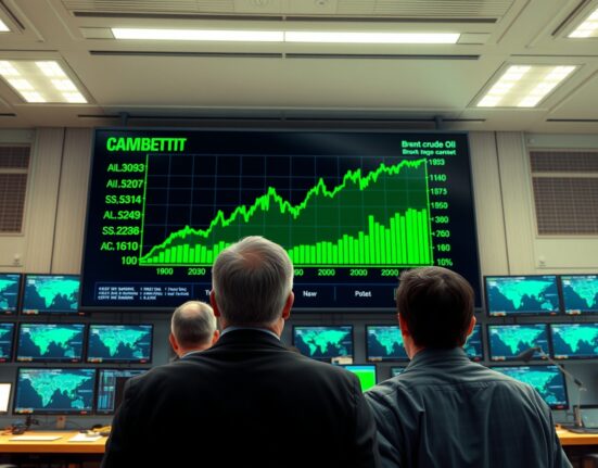 Brent oil price surge on trading floor display amid geopolitical tension analysis.