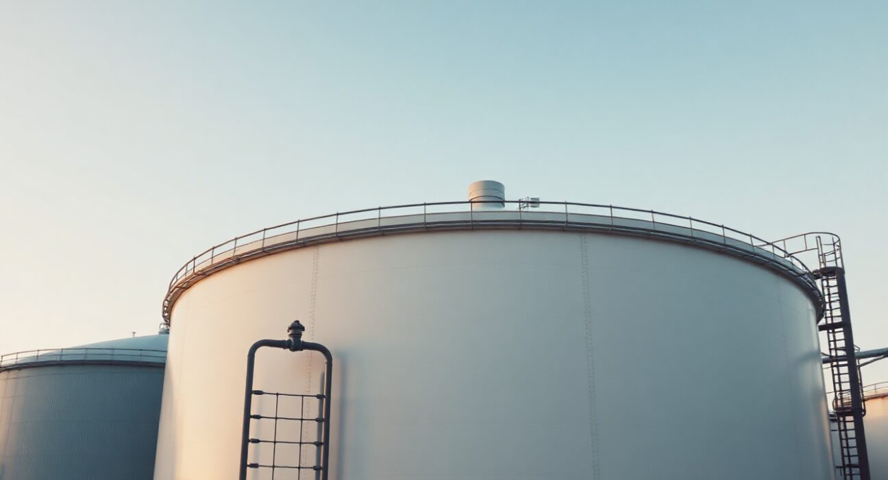 Brent crude oil storage tanks at an industrial facility during golden hour
