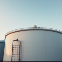 Brent crude oil storage tanks at an industrial facility during golden hour