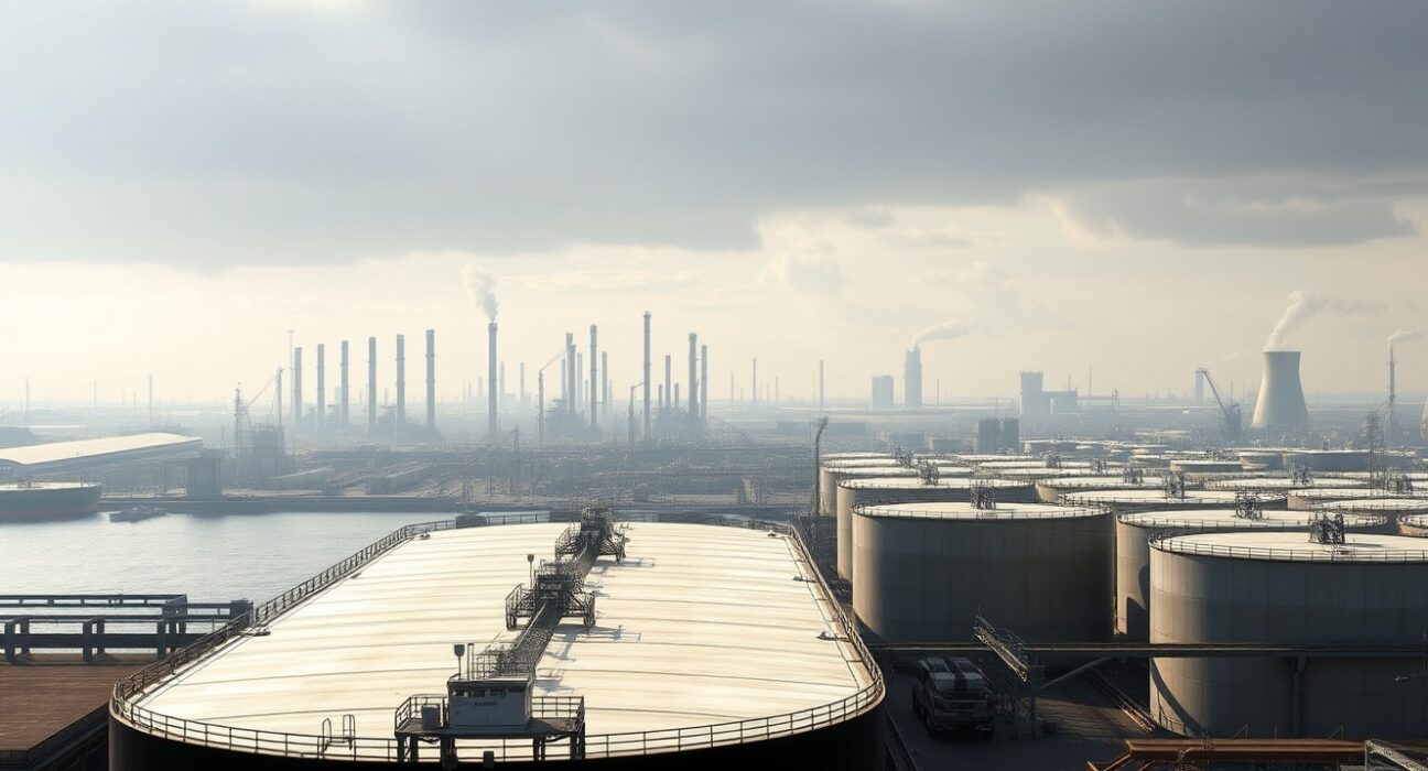 Empty oil tanker docked at a port with storage tanks and refinery towers in the background under overcast skies.