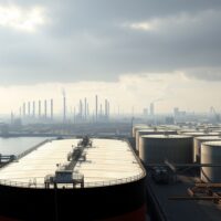Empty oil tanker docked at a port with storage tanks and refinery towers in the background under overcast skies.