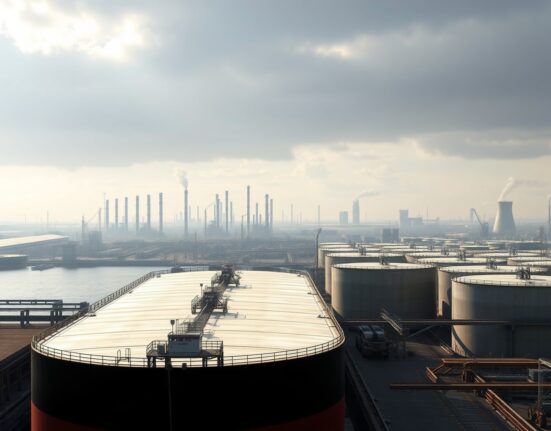 Empty oil tanker docked at a port with storage tanks and refinery towers in the background under overcast skies.