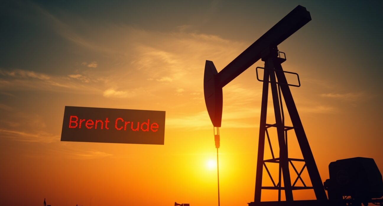Oil pumpjack silhouetted against sunset with Brent crude price pressure indicator