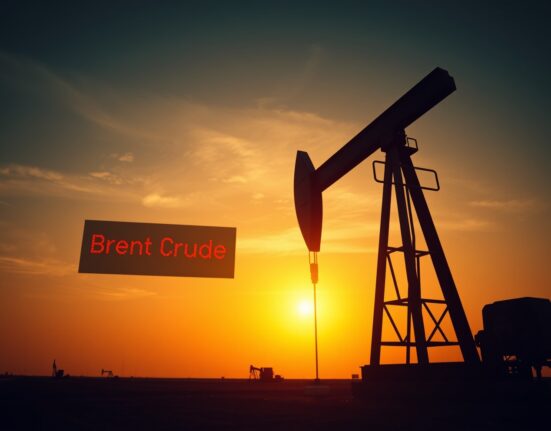 Oil pumpjack silhouetted against sunset with Brent crude price pressure indicator