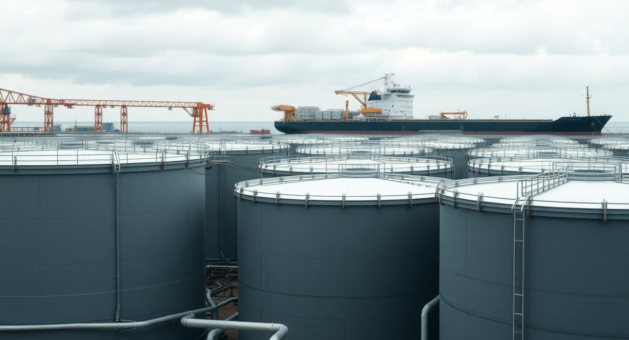 Aerial view of oil storage tanks and a tanker at a port under overcast skies.