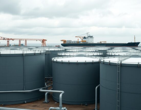 Aerial view of oil storage tanks and a tanker at a port under overcast skies.