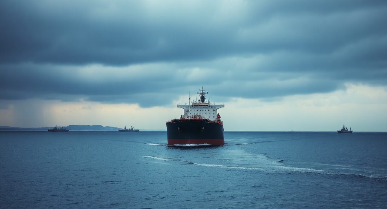 Oil tanker navigating the Strait of Hormuz under overcast sky