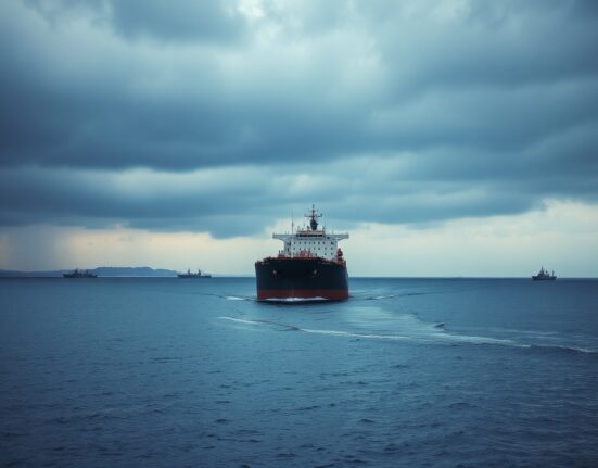 Oil tanker navigating the Strait of Hormuz under overcast sky