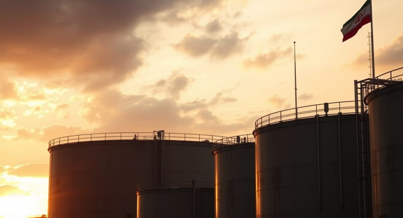 Oil storage tanks at sunset with Iranian flag in background, representing geopolitical risk to Brent crude
