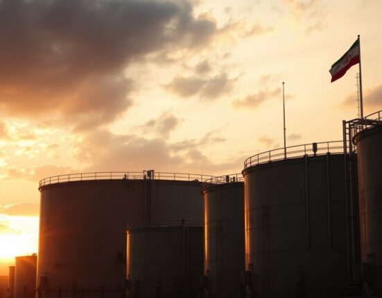 Oil storage tanks at sunset with Iranian flag in background, representing geopolitical risk to Brent crude