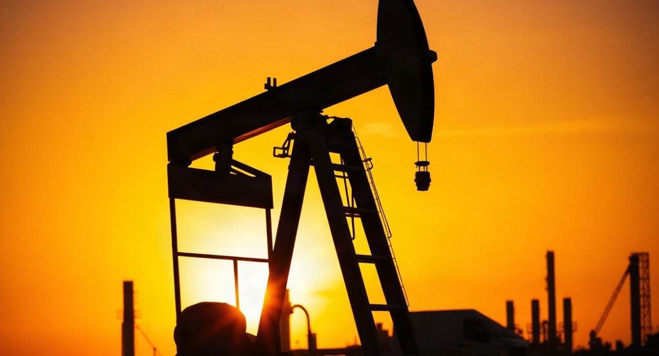 Crude oil pumpjack at sunset with refinery in background, representing supply risks.