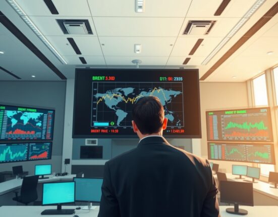 Energy analyst monitoring Brent crude oil price charts and supply risk data on trading floor displays