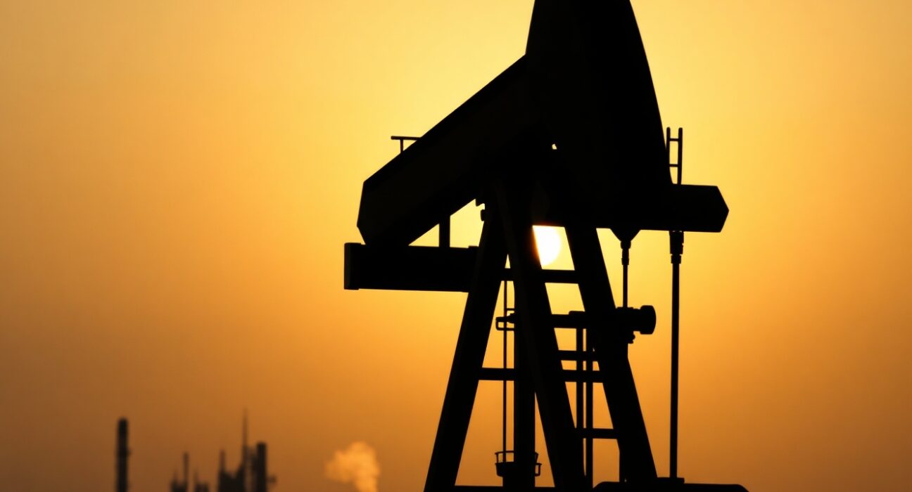 Oil pumpjack silhouette at sunset representing crude oil supply and geopolitical tensions.