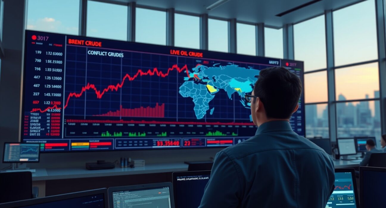 Analysis of Brent crude oil price support from war-driven supply shocks on trading floor.