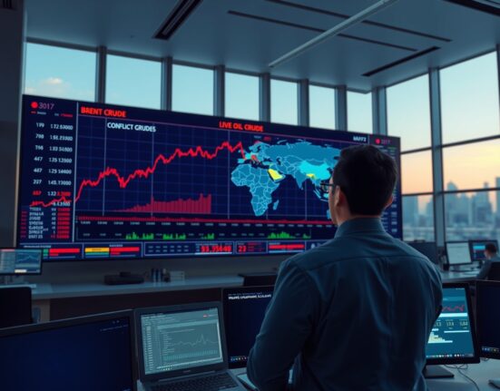 Analysis of Brent crude oil price support from war-driven supply shocks on trading floor.