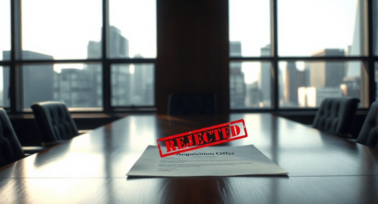 Boardroom table with a rejected acquisition document and a blurred city skyline in the background.