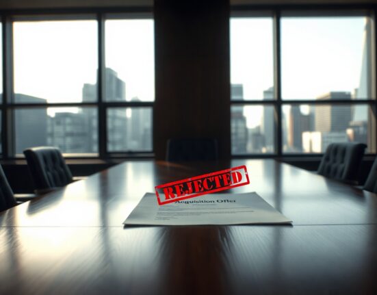 Boardroom table with a rejected acquisition document and a blurred city skyline in the background.