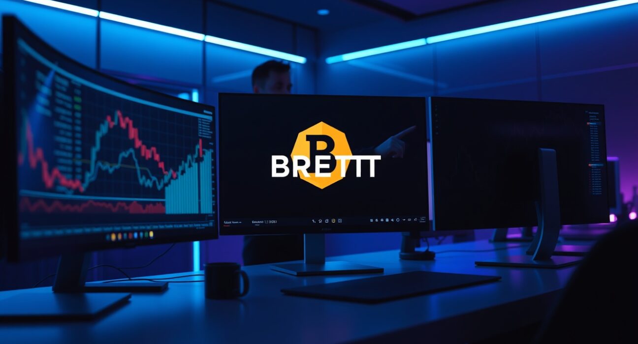 Cryptocurrency trading desk with BRETT token charts and market analysis screens.