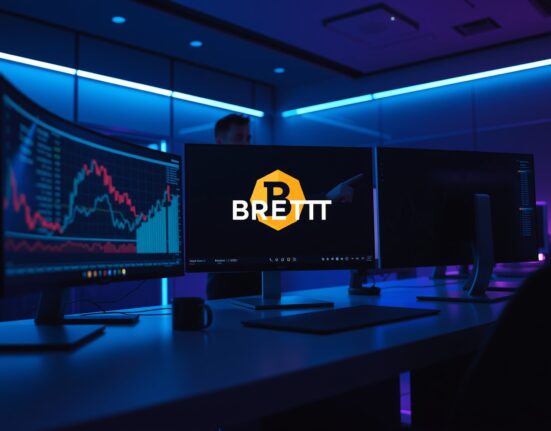 Cryptocurrency trading desk with BRETT token charts and market analysis screens.