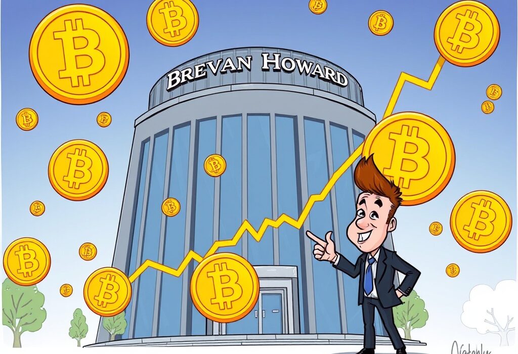 A cartoon illustration showing Brevan Howard's significant Bitcoin ETF holdings, symbolizing growing institutional Bitcoin investment.