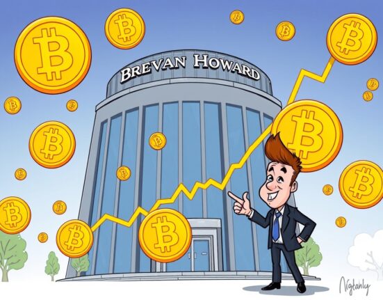A cartoon illustration showing Brevan Howard's significant Bitcoin ETF holdings, symbolizing growing institutional Bitcoin investment.