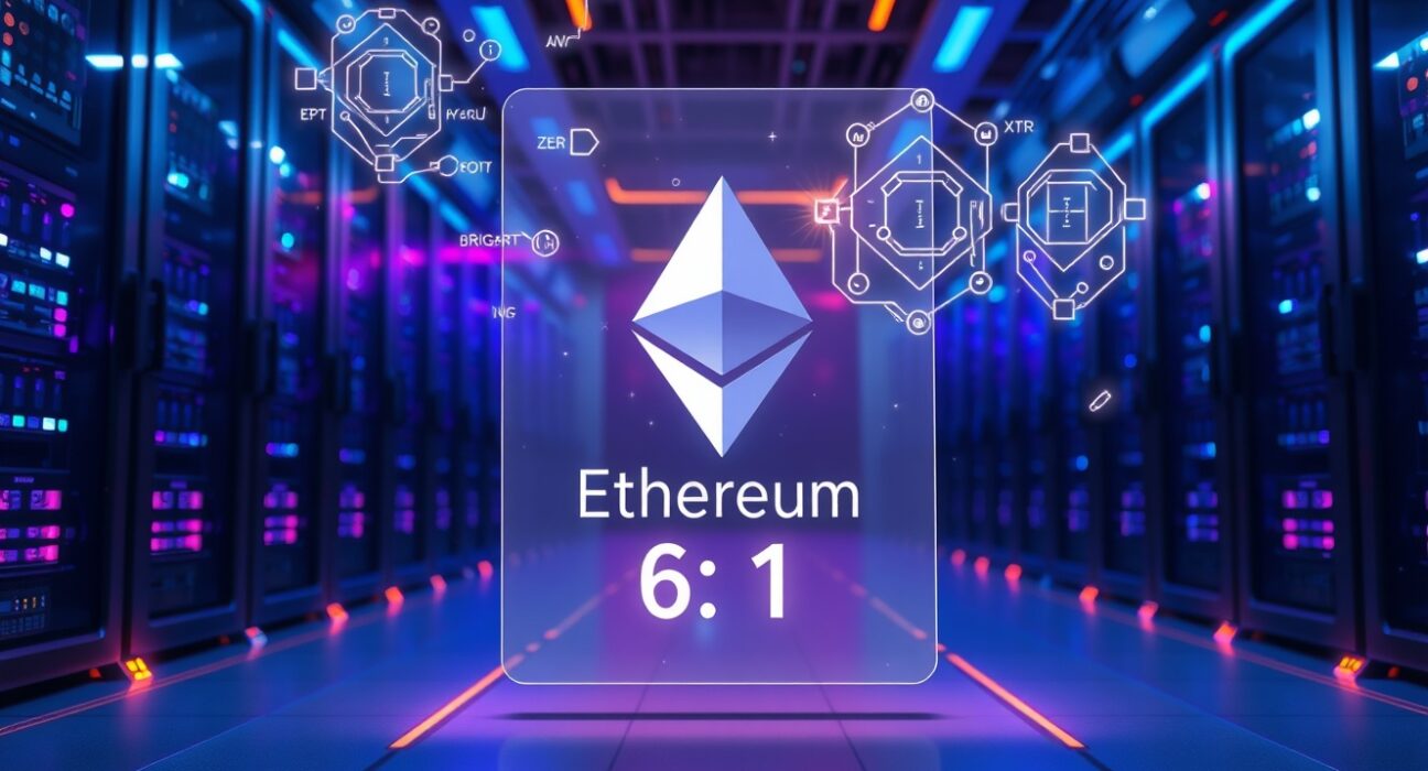 Holographic Ethereum logo and 6.1-second timer in a futuristic data center, representing Brevis' faster ZK proof generation.