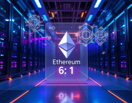 Holographic Ethereum logo and 6.1-second timer in a futuristic data center, representing Brevis' faster ZK proof generation.