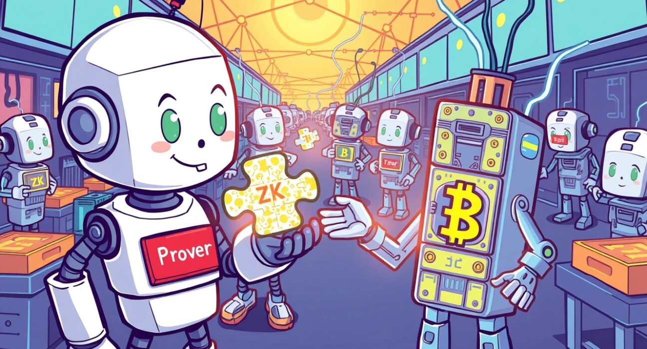 A vibrant cartoon of the ProverNet mainnet beta marketplace where digital agents trade Zero-Knowledge proofs.